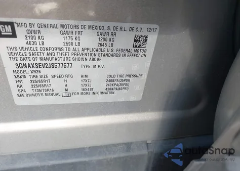 2018 Chevrolet Equinox Lt из США, поврежденный, VIN 3GNAXSEV2JS577677